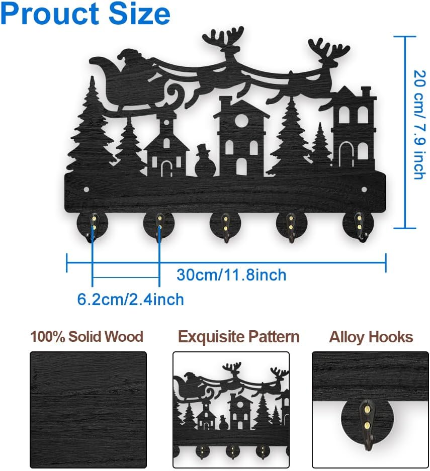 MAYJOYDIY Christmas Sleigh Key Hook Forest Elk Santa Claus Key Hangers for Wall 11.8×7.9inch 5 Alloy Hooks Decorative Gifts Entryway Kitchen Bathroom Storage