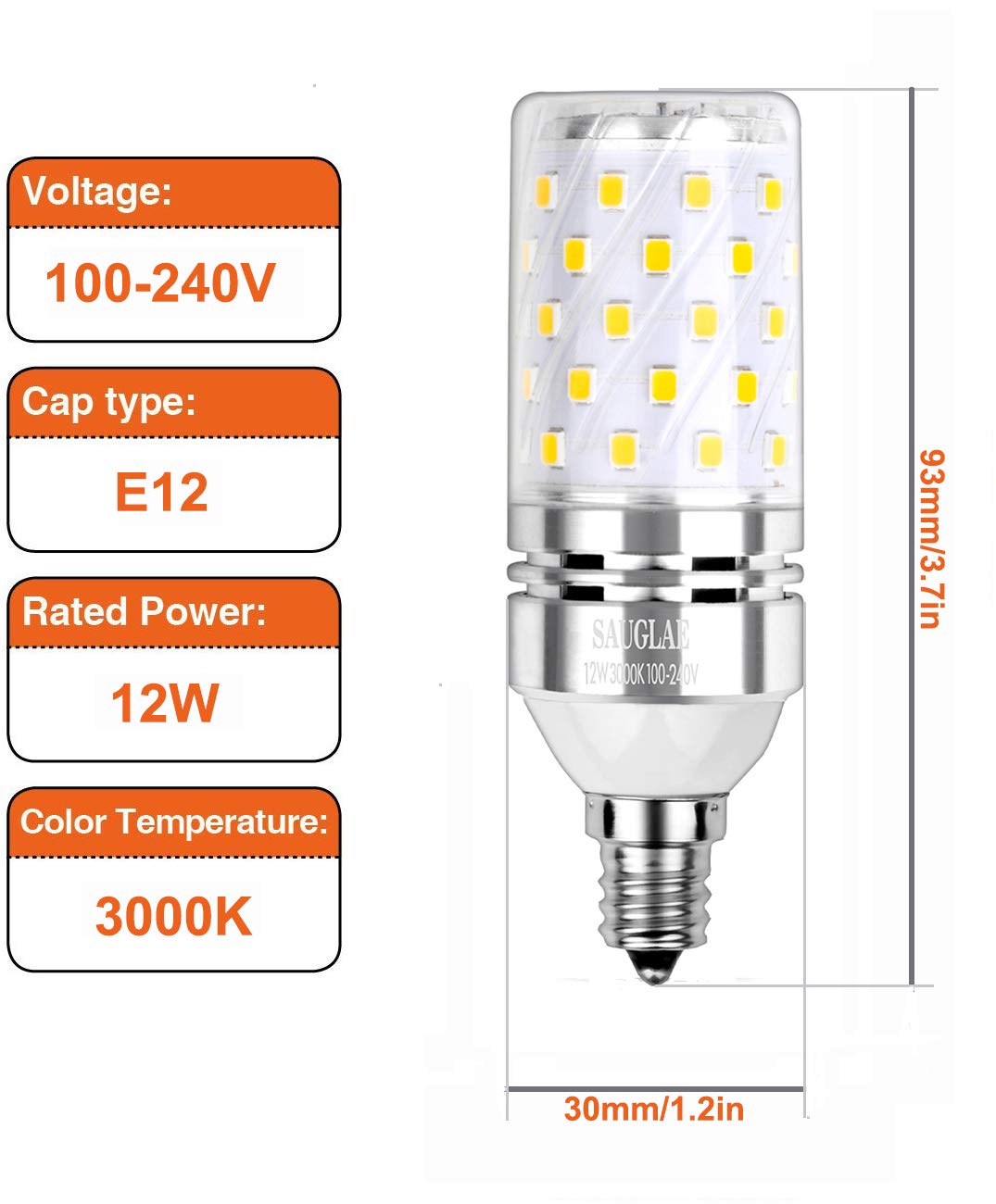 Sagel E12 LED Corn Bulbs 12W, 100W Equivalent, Warm White 3000K, Non-Dimmable, 1200Lm, 4-Pack