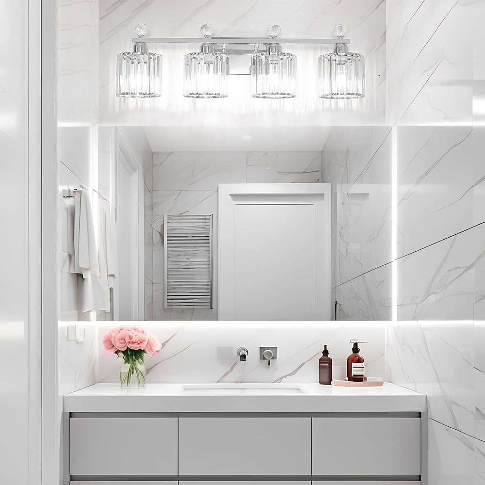 Lxybcce Modern Crystal Bathroom Vanity Light 4-Lights  Chrome Vanity Lights For Bath  Crystal Bathroom Wall Fixture Over Mirror  Wall Sconces Lighting With Clear Glass Shade For Bedroom  Living Room
