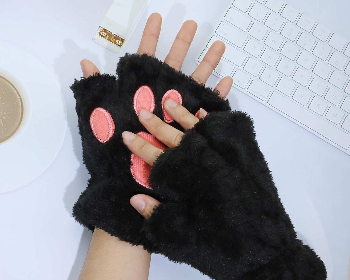 PENTA ANGEL Cat Paw Gloves Christmas Winter Plush Fingerless Gloves for Women Girls Adults Halloween Costume Accessories (Black)