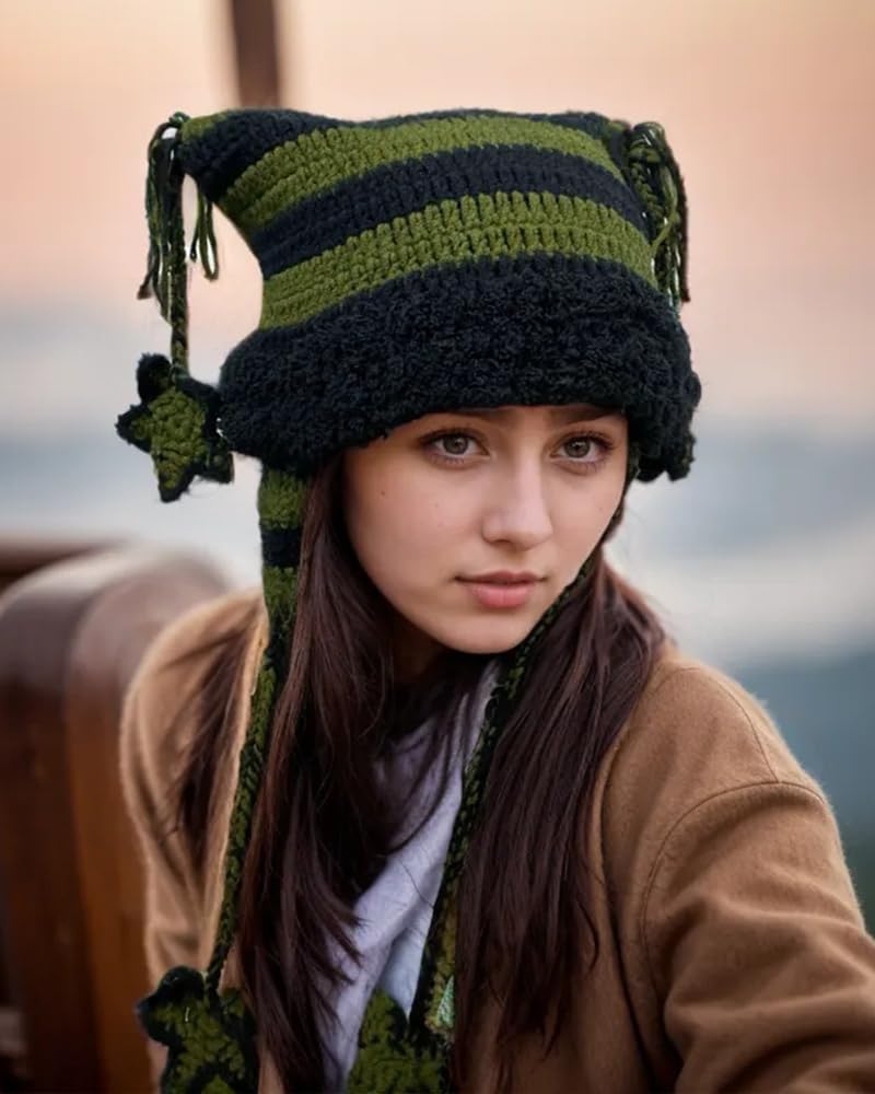 CZDCB Y2k Beanie Knitted Hat Cute Cat Beanie Warm Loose Crochet Hat Women Black Green with Pendant