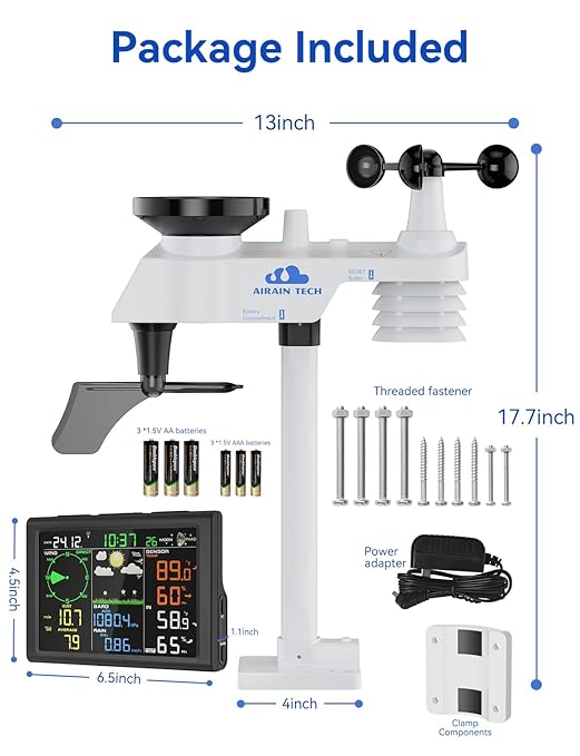 10-in-1 Wireless Weather Station with Dual Display, Outdoor Sensor, Rain Gauge, Atomic Clock, Wind Speed, Indoor Temp/Humidity, Barometric Pressure,etc (No WiFi)