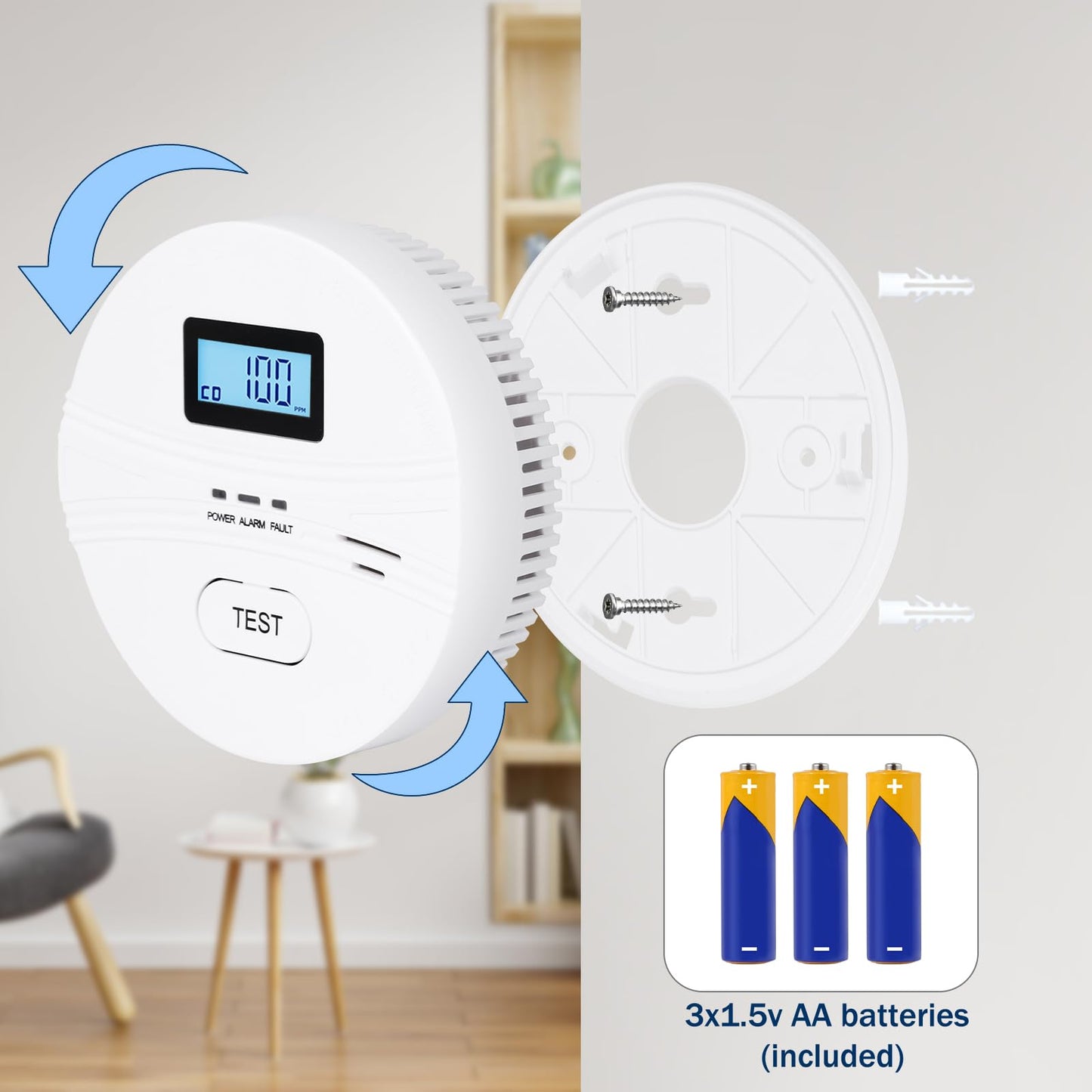 2 in 1 Co & Smoke Detectors, Battery Co and Smoke Detector Combo with Digital Display, Warning Sound Indicators, 3 Packs, Easy Installation