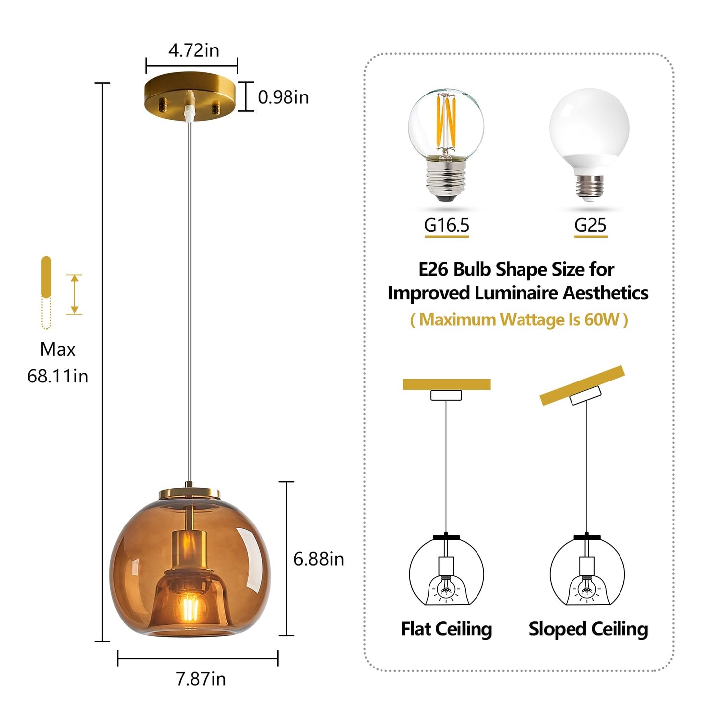 Lbsqj Brown Glass Pendant Lights Kitchen Island Gold Hanging Light Fixture Glass Globe Pendant Light Modern Pendant Lighting For Kitchen Island Bedroom Dining Room (7.87  3 Pack)