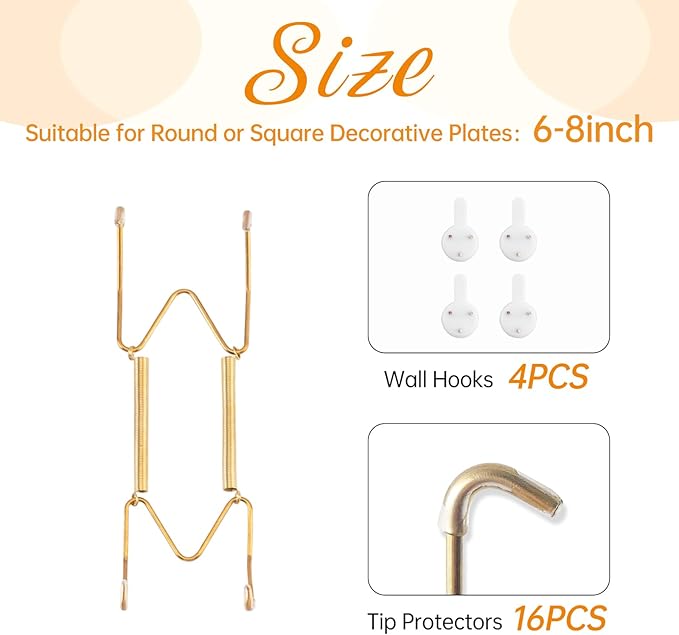 4 Pack Plate Hangers for The Wall, Suitable for 6-8 inch Art Plate, Stainless Steel Invisible Heavy Duty Wire Plate Holder with Wall Hooks, Plate Hangers for Displaying Plates, Platter, Dish, Gold