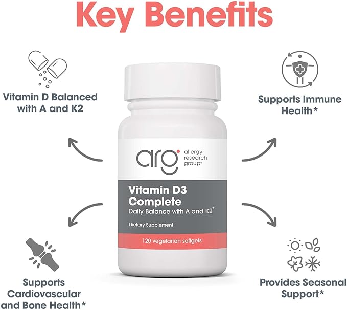 Allergy Research Group Vitamin D3 Complete - Vitamin D3 and K2 Supplement, Daily Balance, with Vitamin A, DeltaGold Tocotrienols, High Potency, Veggie Softgels - 120 Count