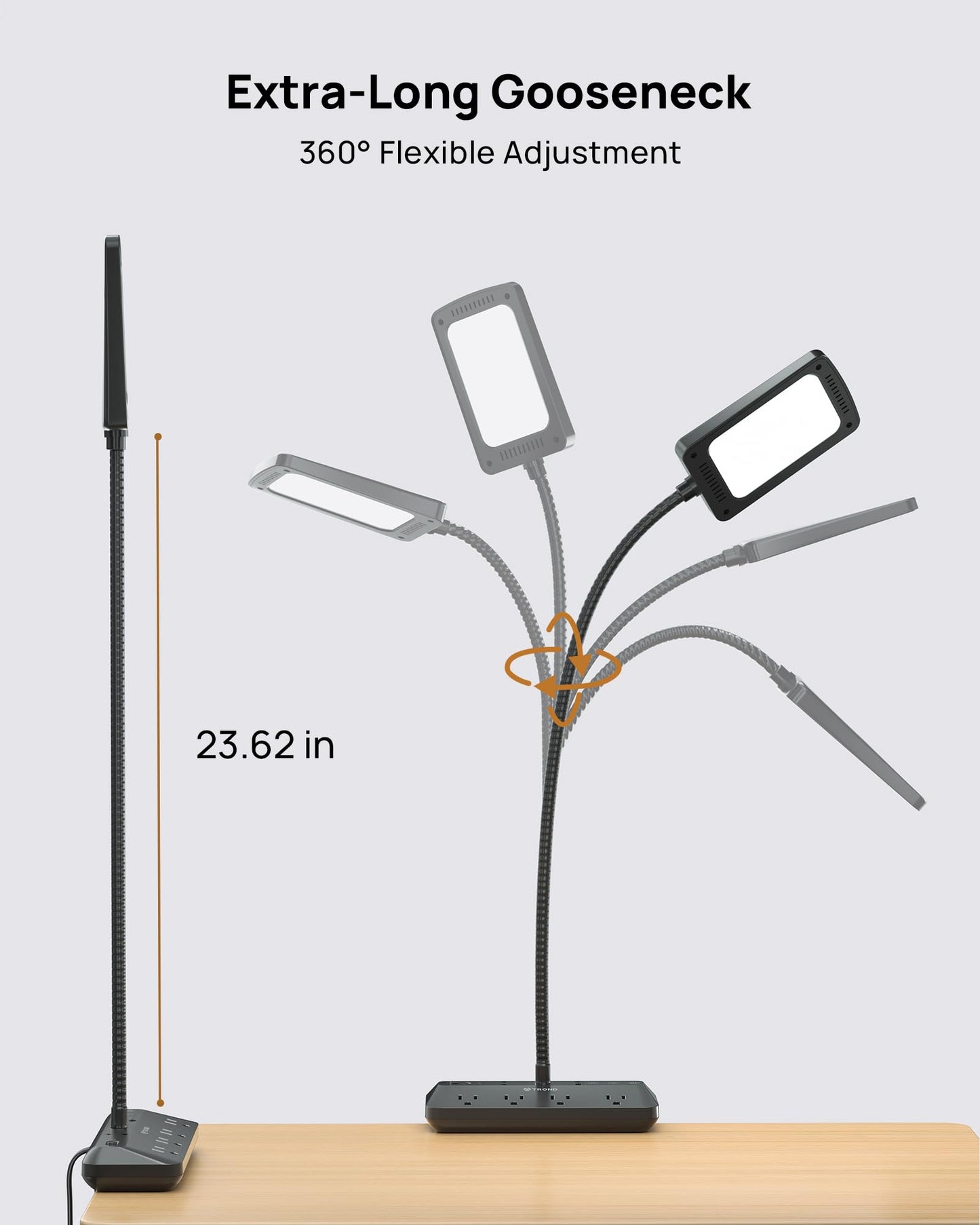 TROND LED Desk Lamp with Clamp, 4 Outlet Power Strip, 15 Lighting Modes, 6ft Cord, Gooseneck, Small, Black, Model TD-PS-US29L