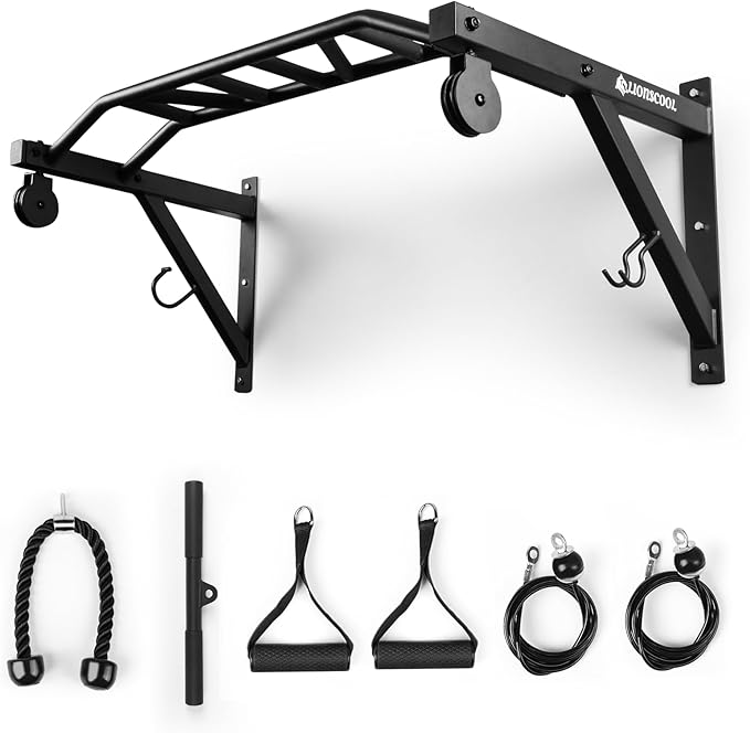 LIONSCOOL Multifunctional Wall Mounted Pull Up Bar with Pulley System, 48" and 16"/24" Multi-Grip Chin Up Bar, Cable Pulle...
