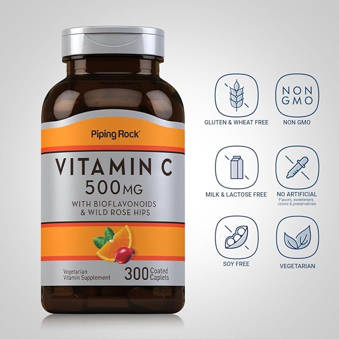 Piping Rock Vitamin C 500 mg with Bioflavonoids & Rose HIPS | 300 Caplets | Vegetarian, Non-GMO, Gluten Free Supplement