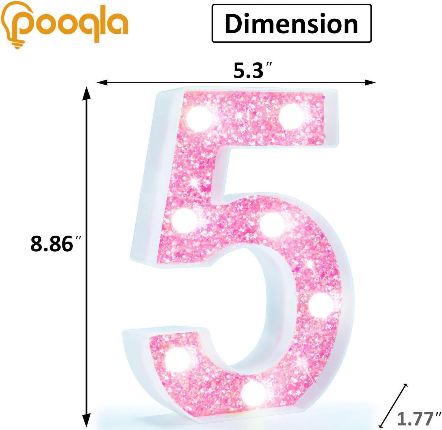 Pooqla Marquee Number Lights  Pink Light Up Numbers For Girls 5Th Birthday  Battery Powered Glitter Number Night Light Gift For Wedding Christmas Bedroom Dorm Party Decoration  Cool White Number 5