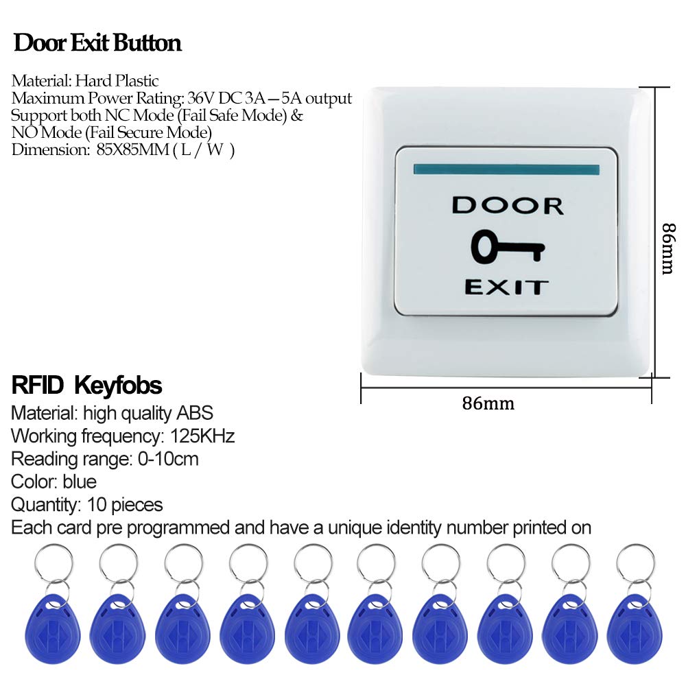 HFeng IP68 Waterproof Outdoor Door Access Control System Kit RFID Access Control Keypad Touch Panel + 180KG/350lbs Electric Magnetic Lock + Power Supply +10pcs Keyfobs
