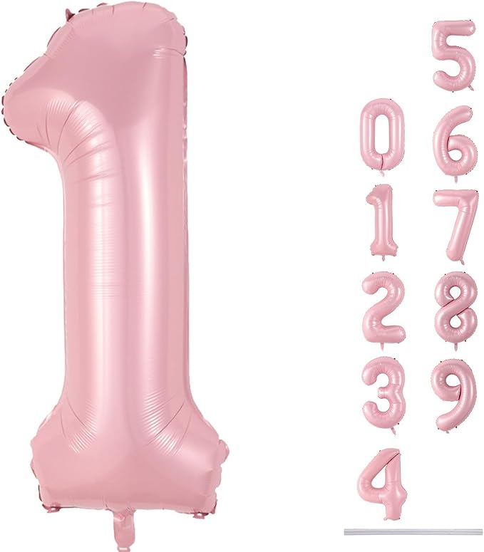 Pastel Pink 1 Balloons, 40 Inch Giant Light Pink Helium Foil Number 0-9 for Girls, Self Inflating 1st Birthday Balloon for...