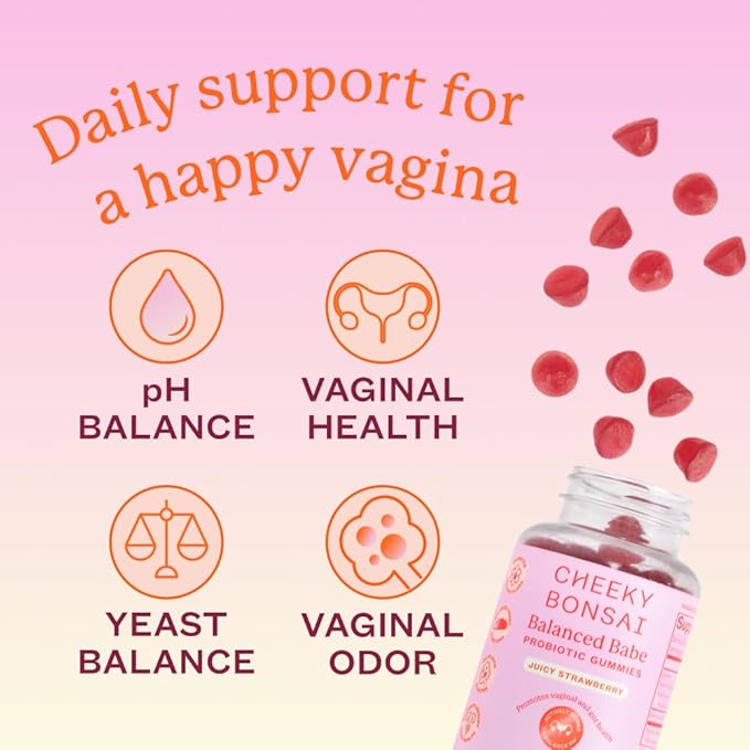 Cheeky Bonsai Balanced Babe Vaginal Probiotic Gummies for Women - Balanced pH, Healthy Odor, and Flora Support - 5 Billion CFUs - Juicy Strawberry Flavor, 60 Count
