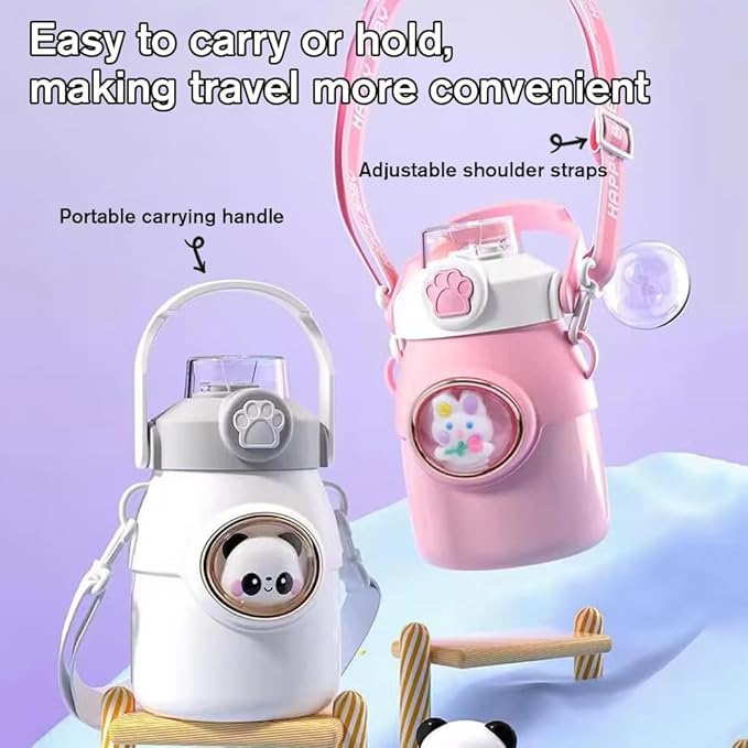 Cute Water Bottle with Strap and Straw 22oz Aesthetic Kawaii Water Bottles BPA-free Leak-proof Insulated Water Bottles for Girls Sports Travel(Blue)