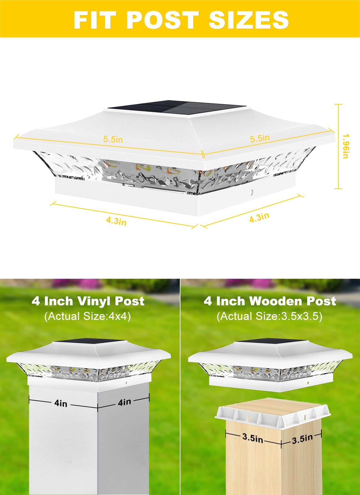 T-Sun 4X4 Post Cap Lights 6 Pack For Vinyl/Wooden Fence Outdoor Waterproof Warm & Cool White  Deck Solar Post Lights For Patio Garden Yard Lighting