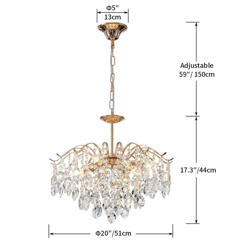 SM Saint Mossi 5-Light Gold Crystal Chandelier, Modern Pendant Light, D20 x H17, Adjustable Chains, Alloy Steel, Shinny Copper Finish