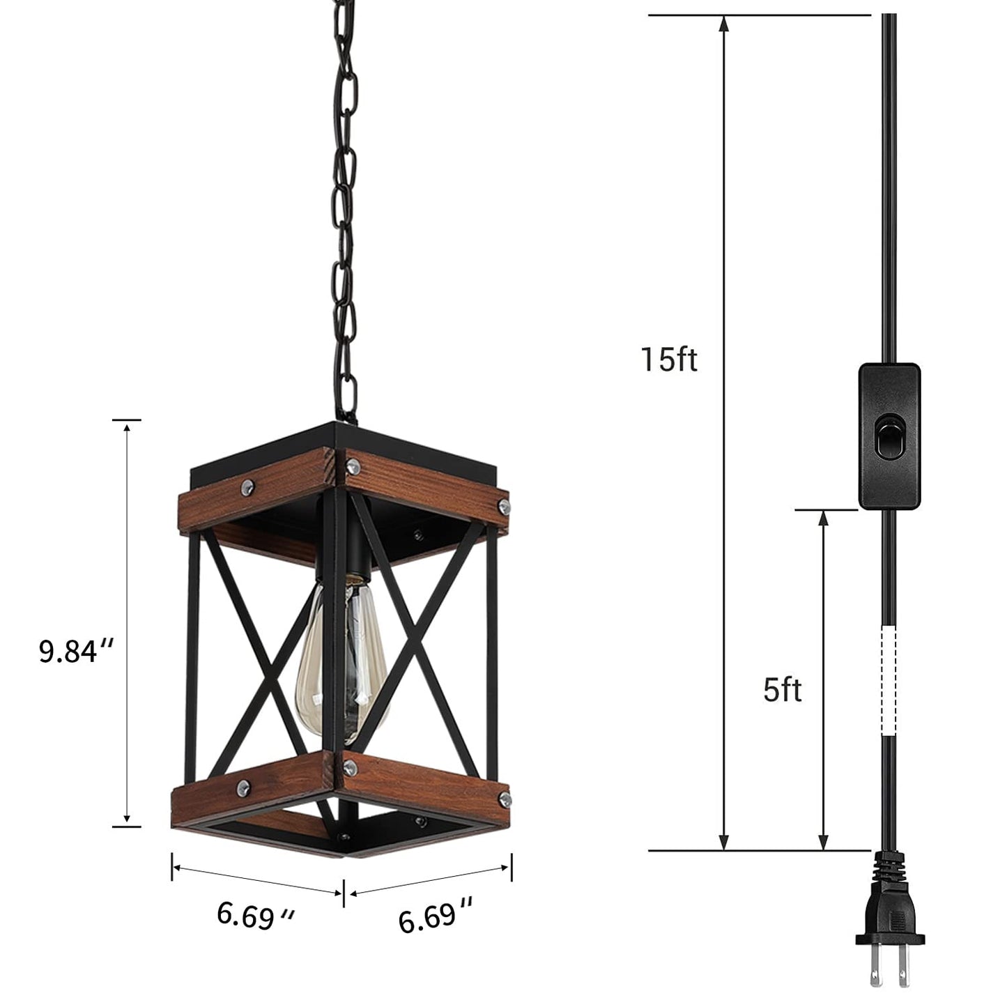 Fivess Lighting Rustic Farmhouse Plug-in Pendant Light, Black, 15ft Cord, On/Off Switch, Wood & Metal, Small, Model FSS6103-2P