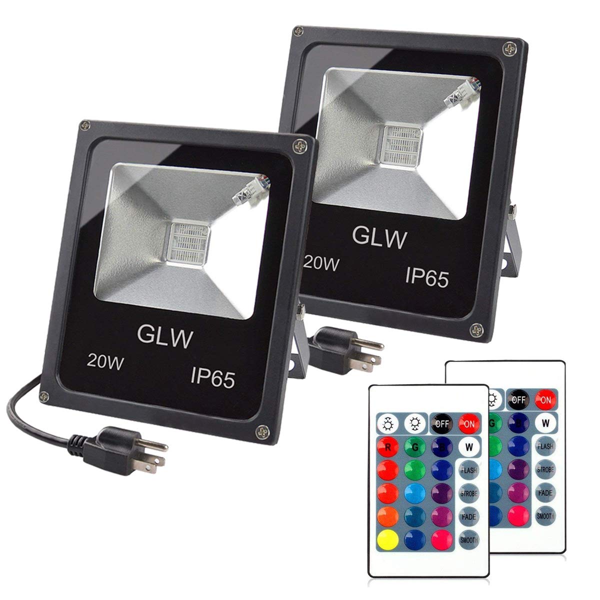 GLW 20W RGB LED Flood Lights - Color Changing, Waterproof, Remote Control, Dimmable, 2 Pack