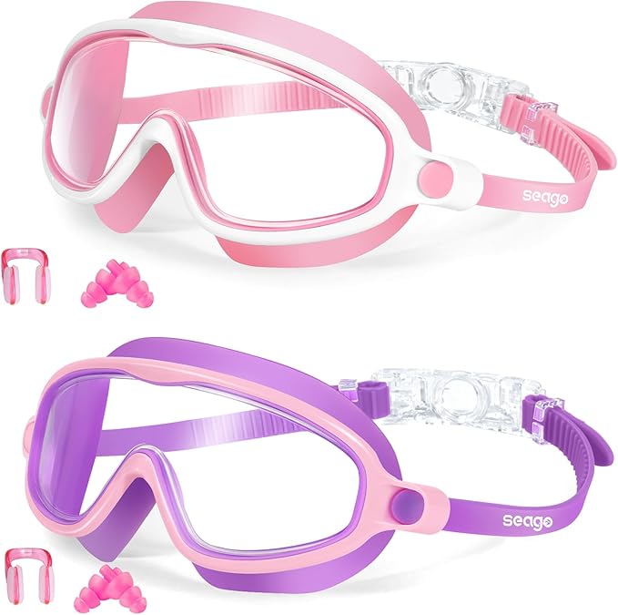 Seago Swim Goggles 2 Pack Anti-Fog Anti-UV Wide View Swimming Goggles for Kids 3-14