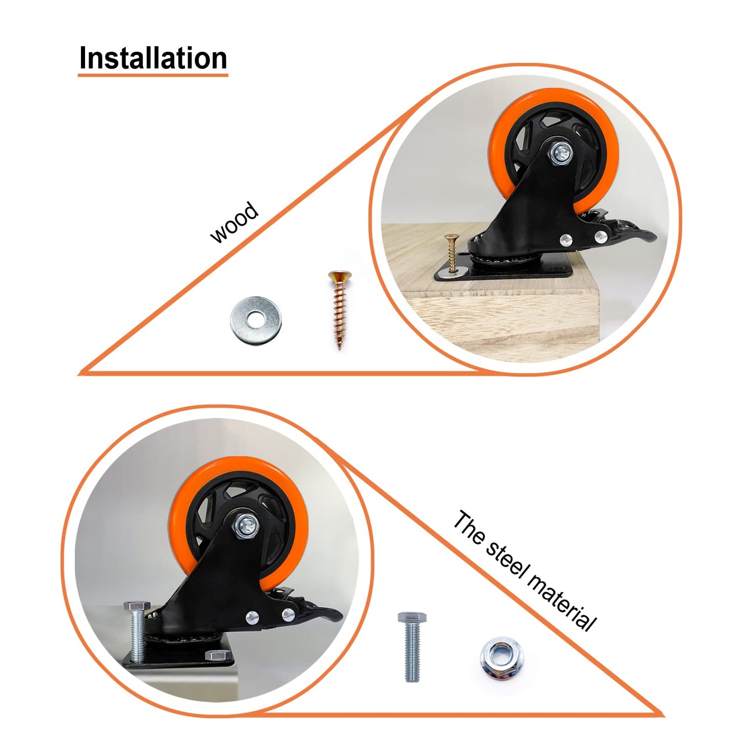 ASRINIEY 4" Caster Wheels, Casters Set of 4 Heavy Duty - Orange Polyurethane Castors, Top Plate Swivel Wheels, 4-Pack Industrial Casters with Brake, Locking Caster for Furniture and Workbench