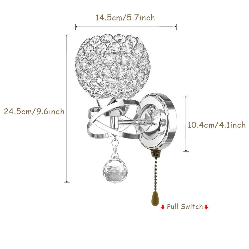 WeFoonLo Modern Crystal Wall Light Fixture, Chrome Finish, E14 Socket, Spherical, Bedroom Sconce, Model TL1135, Silver