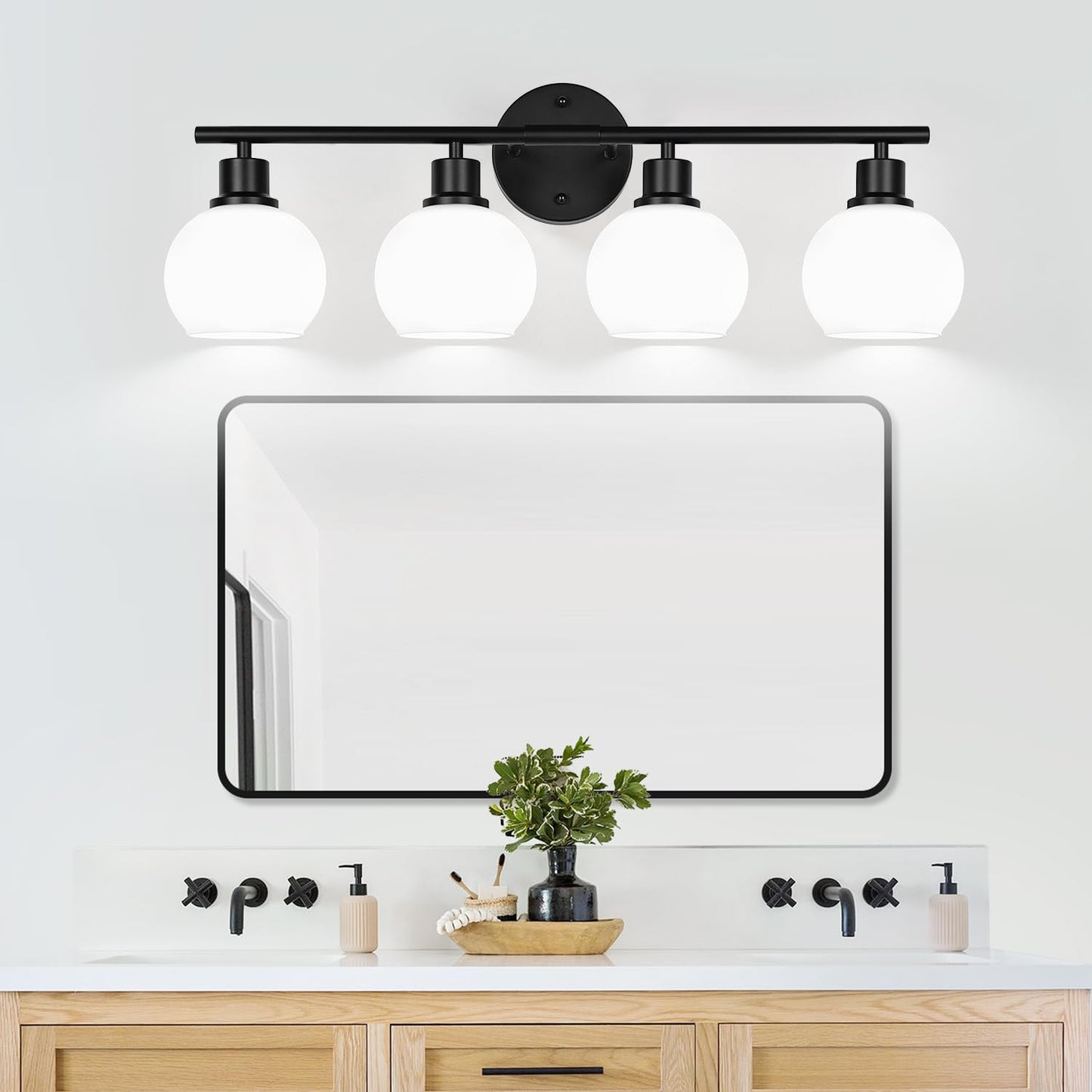 Indoi 4-Light Bathroom Light Fixtures, Black Bathroom Lights Over Mirror with Milky White Frosted Glass Globe Shade, Vanity Lights for Bathroom Kitchen Living Room Hallway Cabinet Bedroom Porch