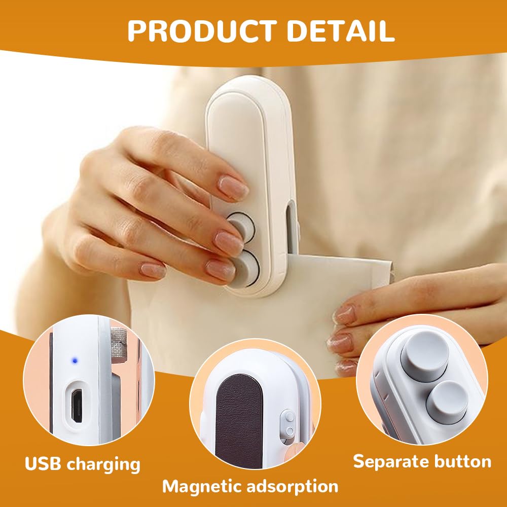 Mini Bag Sealer, 2025 Upgraded 2 in 1 Mini Bag Sealer with Cutter and Magnet, Rechargeable Mini Bags Sealer Portable Resealer Machine for Snack Plastic Bags Food Storage Travel (1, White)
