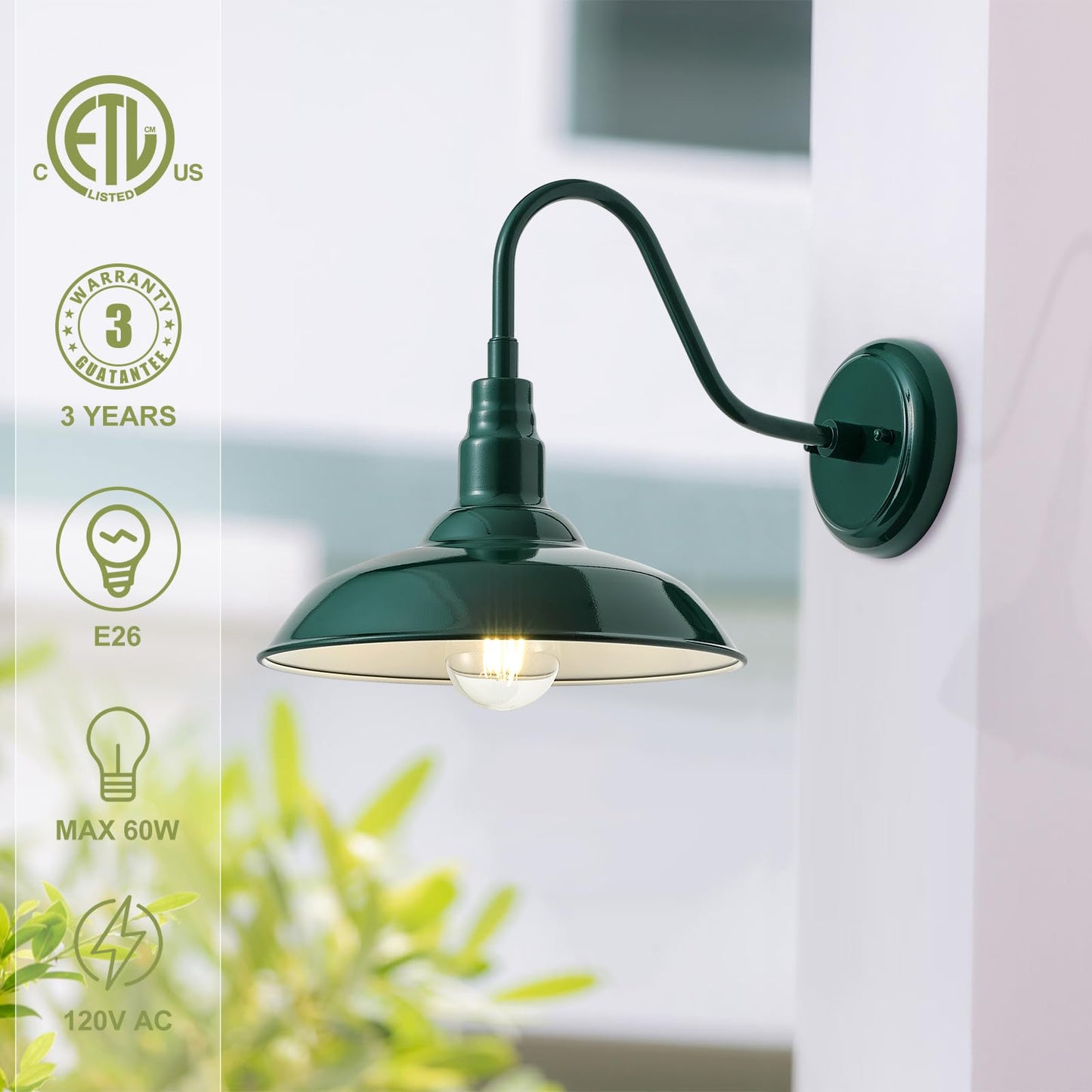 GOALPLUS Outdoor Gooseneck Barn Light Fixture, 10in Dome, Green Metal Wall Sconce for Porch, Patio, Garage, Model LM2201-GR-2P