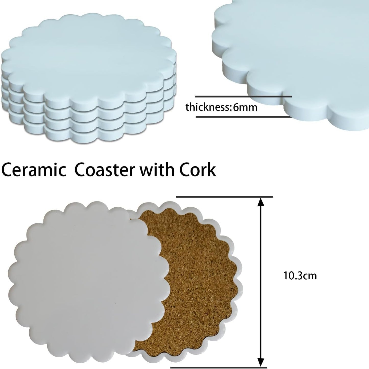 Sublimation Ceramic Coasters Blanks Bulk Round Flower Wavy Edges Drinks Coffee Cup Table Coaster, Absorbent Heat Transfer Ceramic Coaster Set for Home Decor with Cork Backing Pads (Wavy Edges 8 PCS)
