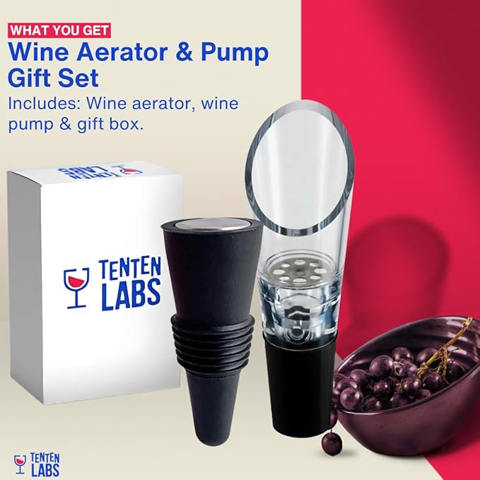 TenTen Labs Premium Wine Aerator Pourer and Wine Stopper (2-pack) - Wine Saver - Wine Bottle Stopper - Gift Box Included (Black)