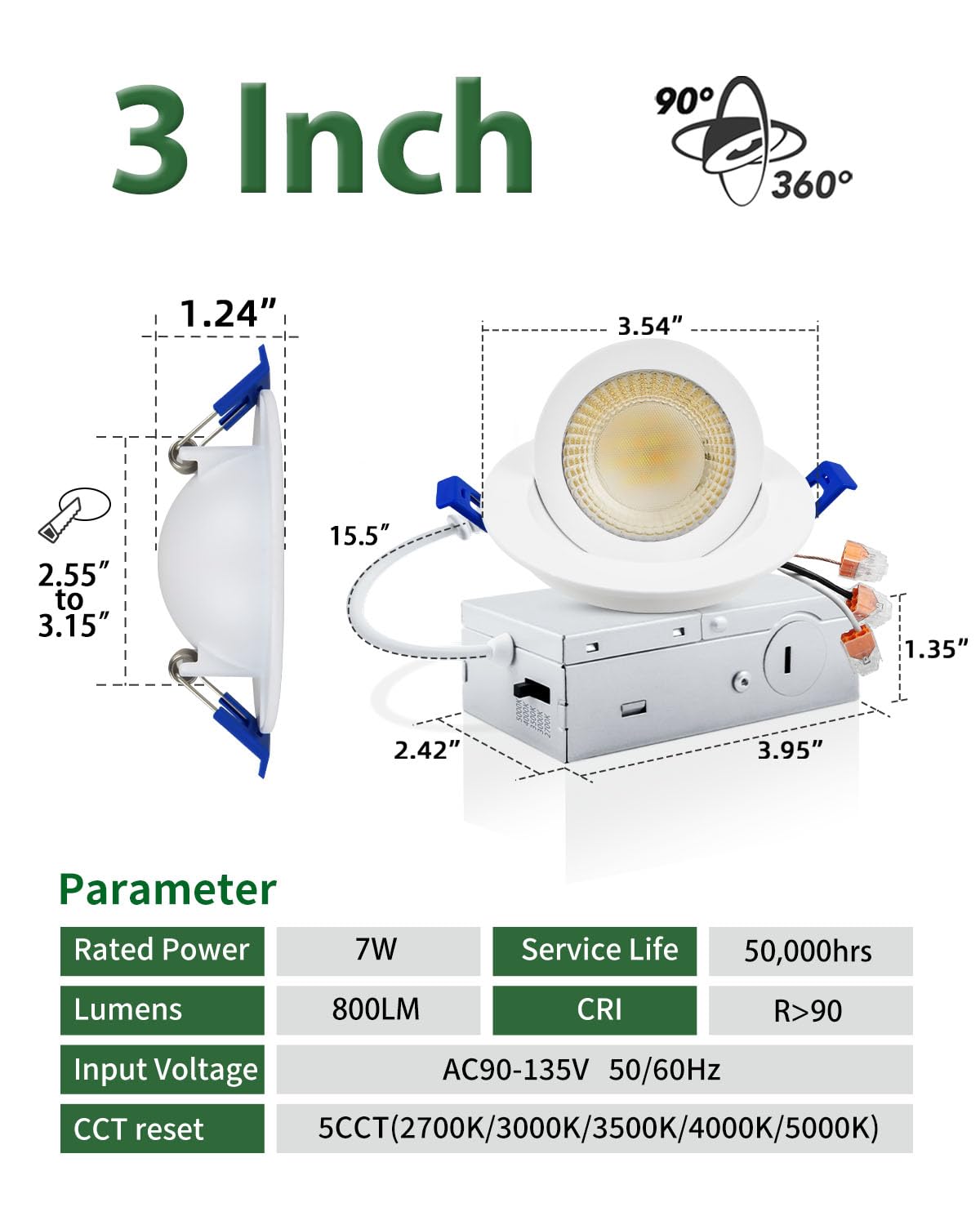 Zouzai 3 Inch 5Cct Gimbal Led Recessed Lighting With Junction Box  2700K/3000K/3500K/4000K/5000K Selectable  7W Eqv 80W  360+90 Adjustable Recessed Lights  800Lm Brightness - Etl (White  6 Pack)