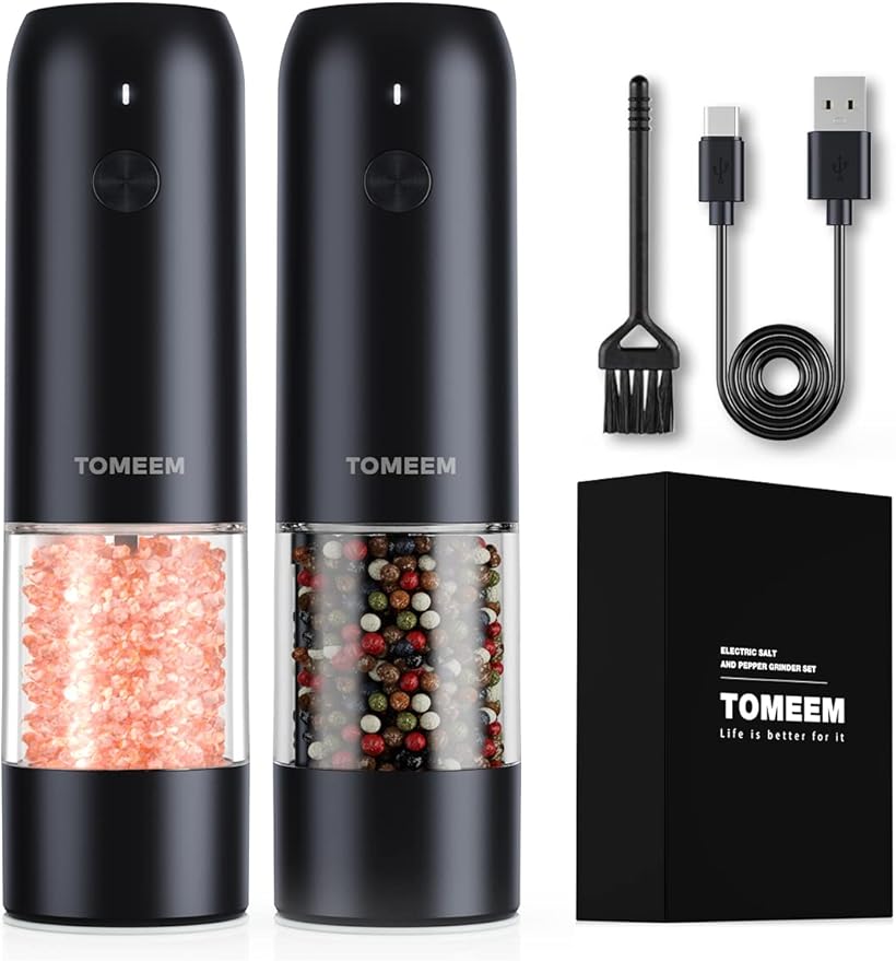 TOMEEM Electric Salt and Pepper Grinder Set with LED Lights – Rechargeable Automatic Pepper and Salt Mill with 6 Adjustable Coarseness for Kitchen, BBQ & Gifts