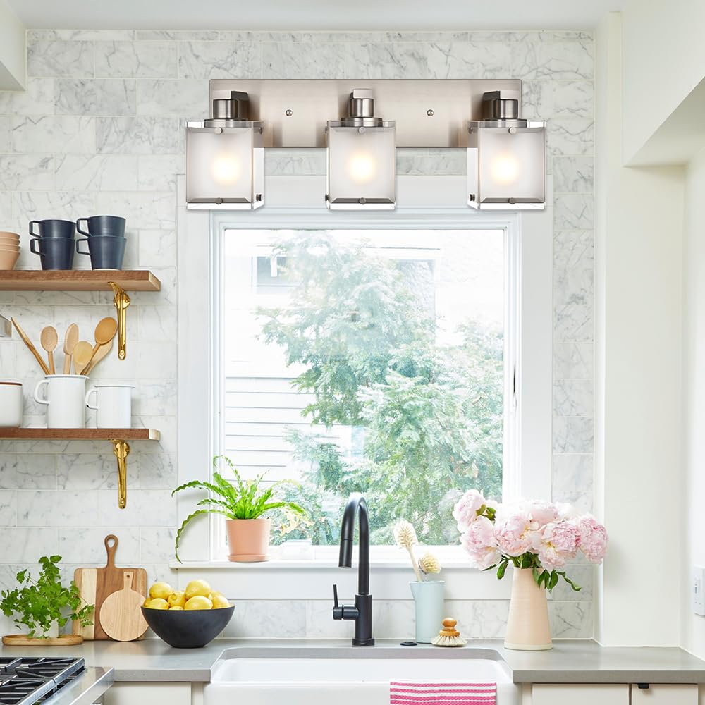 Winshen Modern 3-Lights Brushed Nickel Vanity Lights  Bathroom Light Fixture Over Mirror Wall Lighting Sconces With Frosted Glass Shades  E26 Bulb Base