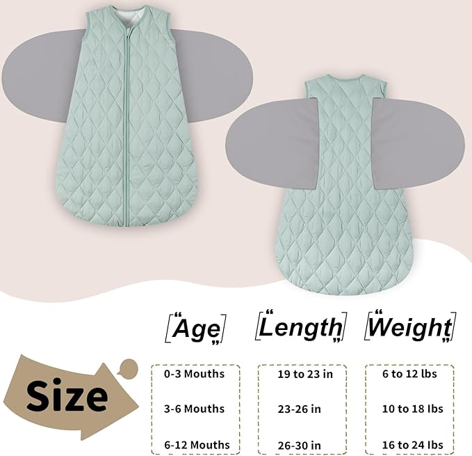 Newborn Sleep Sack Baby Swaddle,3-Way Adjustable Wearable Blanket,Swaddling Sleeping Bag,TOG 2.5 (Green, 6-12 Months)
