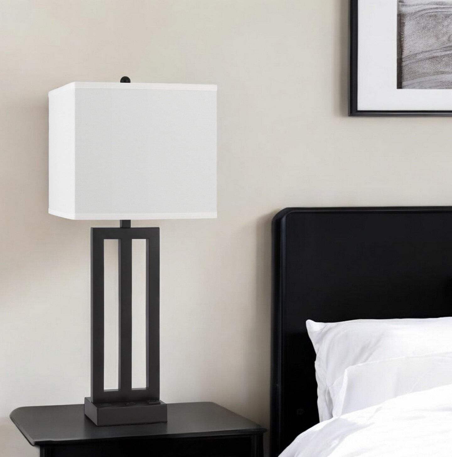 Homeroots Metal Usb Table Lamp, 30 In. With White Rectangular Shade, Model 524766, Bronze Finish