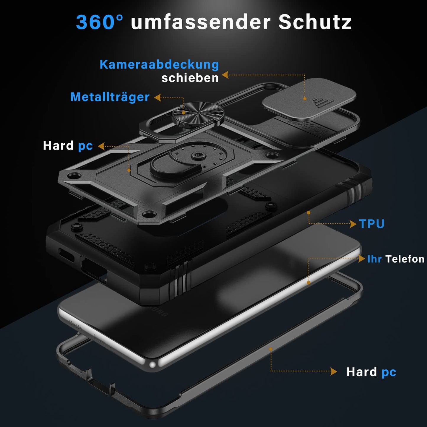 Pasnew Phone Case For Samsung A53 5G,360 Kickstand & Slide Camera Cover,Military Rugged Heavy Duty Full Body Shockproof Hard She
