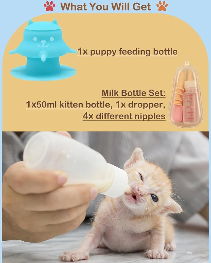 Puppy Bottles for Nursing Puppy Milk - 230ML Upgrade Puppy Feeder for Multiple Puppies, Kitten Bottle Feeding Kit,4 Nursing Nipples for Kittens,Puppies (Blue)