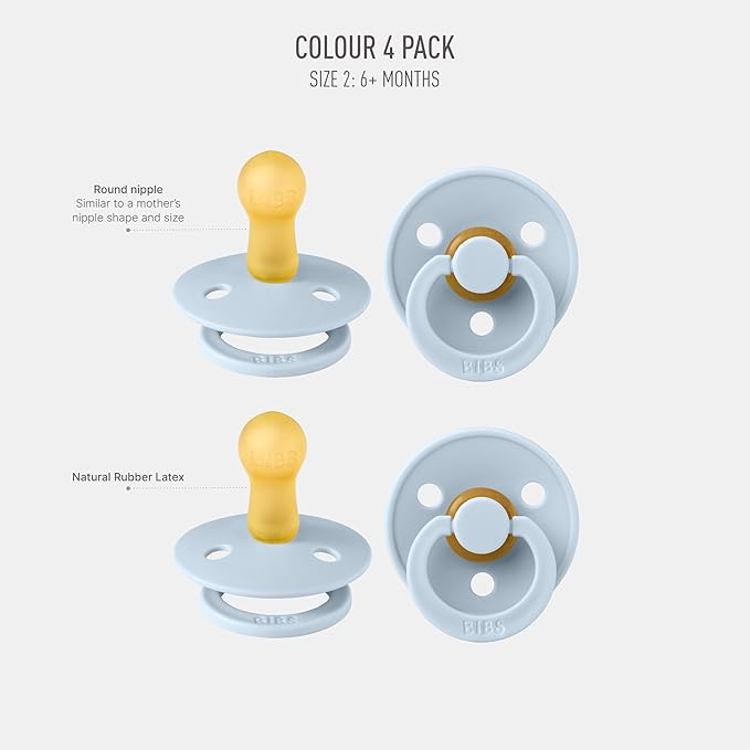 BIBS Colour Pacifier 4-Pack, BPA Free Dummy Pacifier, Round Nipple. Natural Rubber Latex, Made in Denmark, Size 2 (6-18 Months), Baby Blue