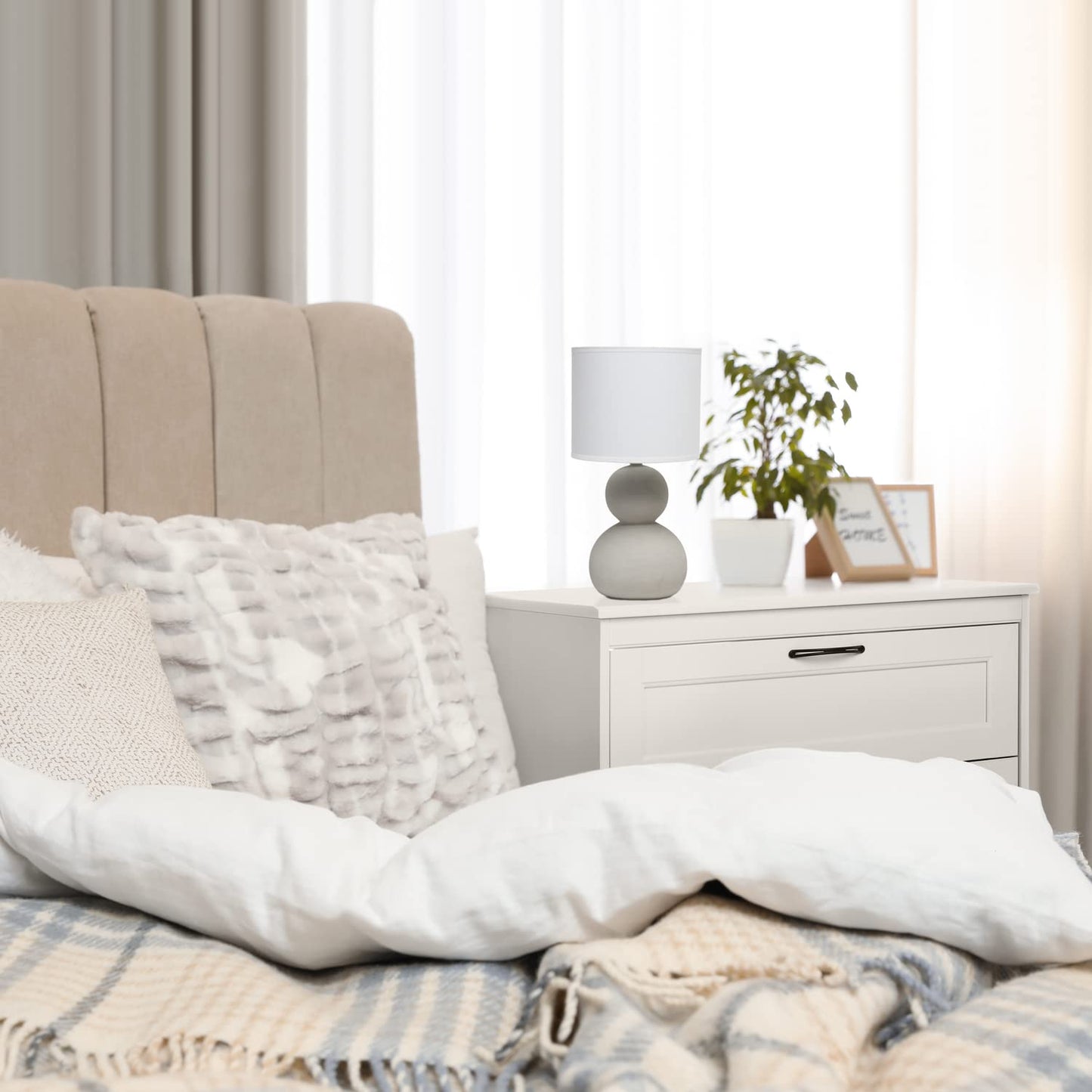 Simple Designs Table Lamp, Stacked Stone Age, 8inL x 8inW x 15.375inH, Ceramic, Taupe Gray, Model LT1116-TAU