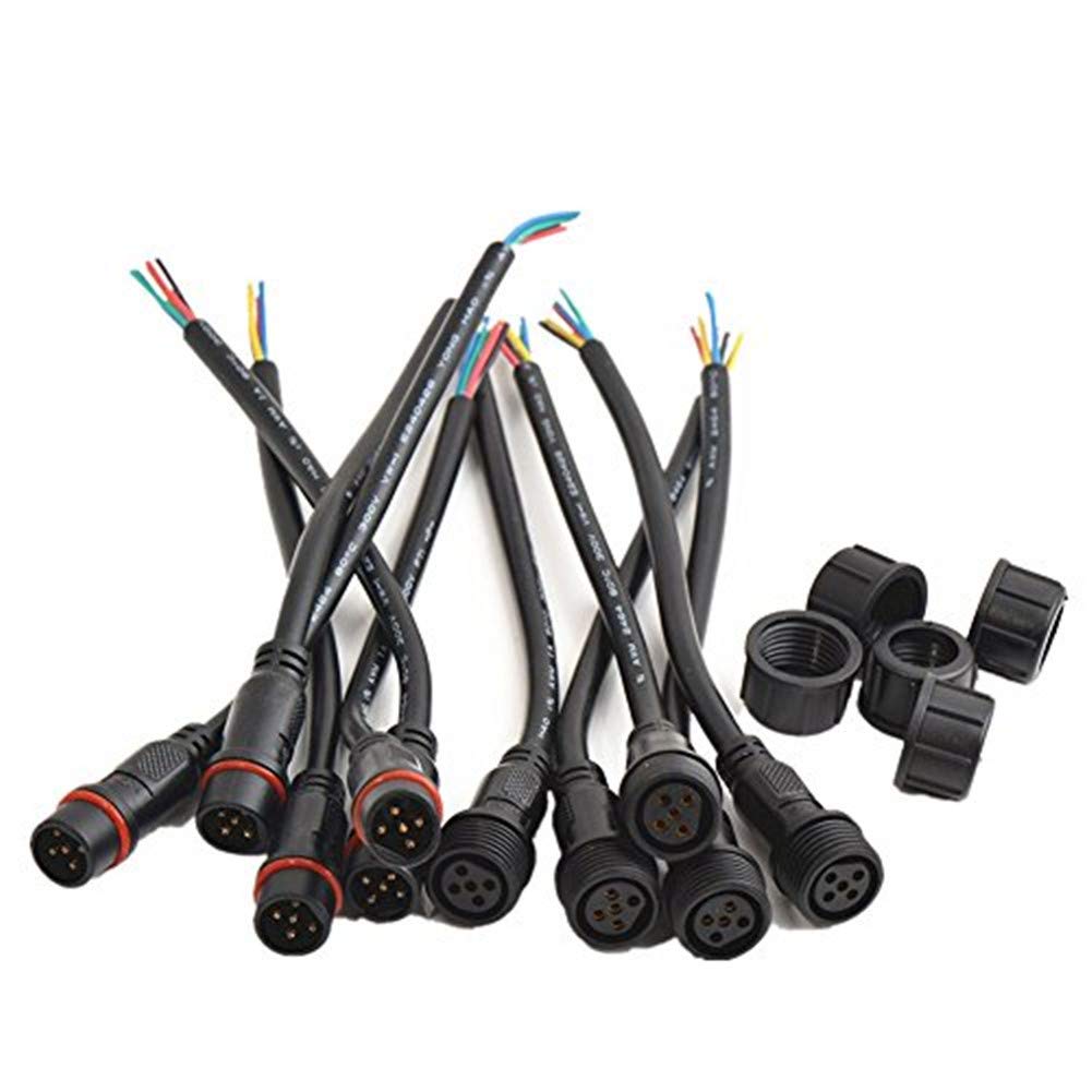 WESIRI 5Pairs 5pin Black Electrical Connector for LED Lights, 20cm Extension Cable, Plastic, Model 5x5pin-WP-B-B