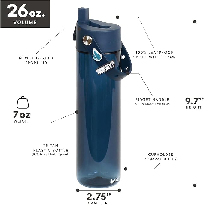 Elemental Splash Water Bottle with Straw - BPA-Free Tritan Plastic Reusable Water Bottle with Charm Strap - Ideal for Travel, Gym and Sports - Leak Proof when Spout is Closed - 26oz - Navy Blue