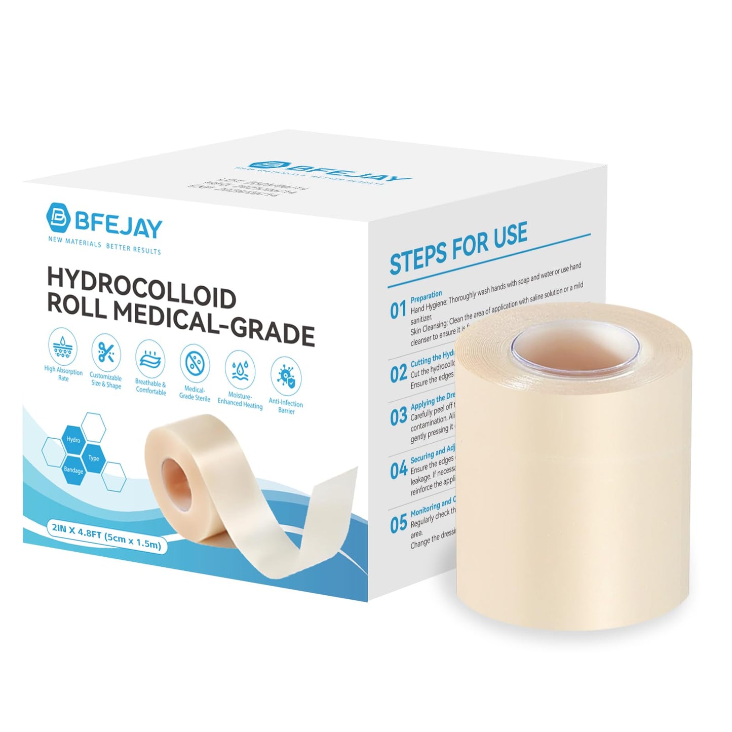 Hydrocolloid Bandages for Wound Care, Medical-Grade Hydrocolloid Roll with Self-Adhesive, Ultra Absorbent, Flexible & Waterproof, Cut-to-Size First Aid Kit Essential (2in*4.8ft)