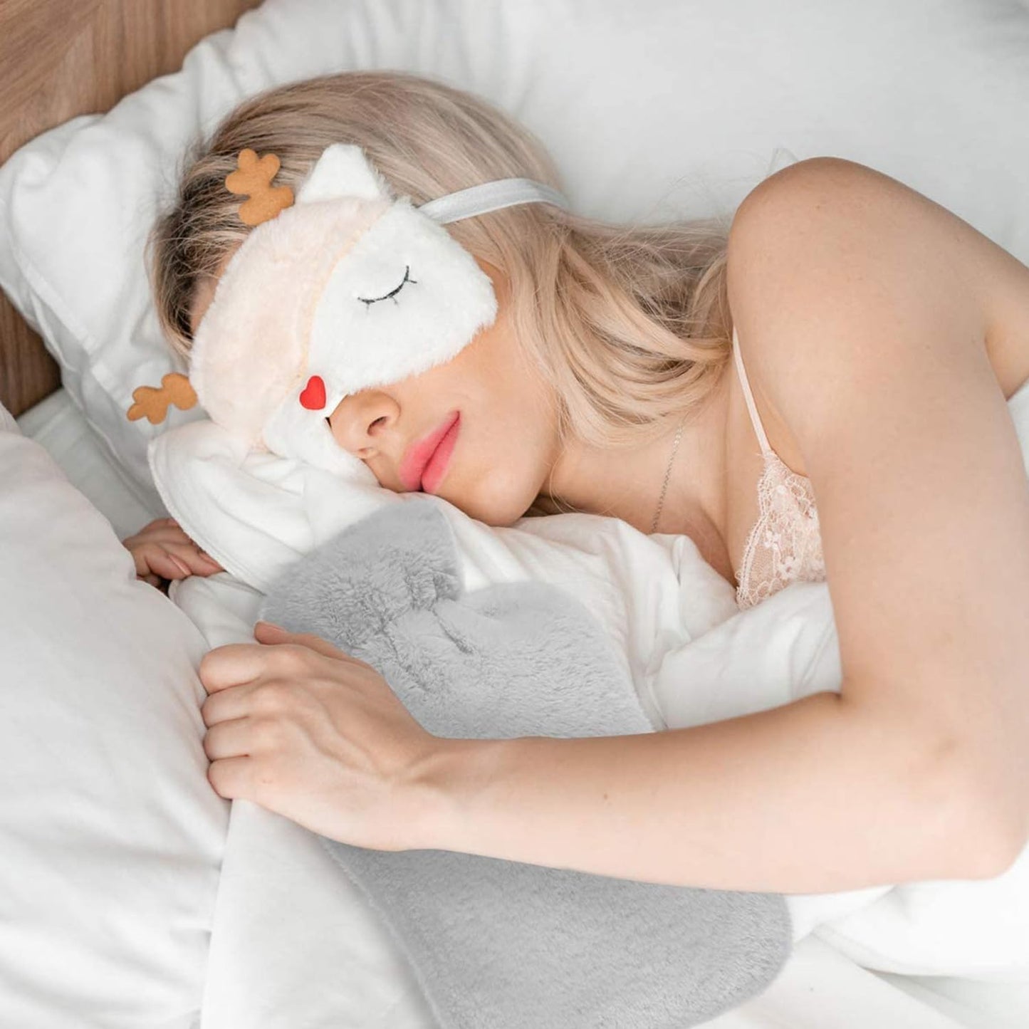 JRINYE Cute Reindeer Plush Sleep Mask - Soft Fluffy Eye Cover Blindfold for Kids, Girls and Adults - Beige