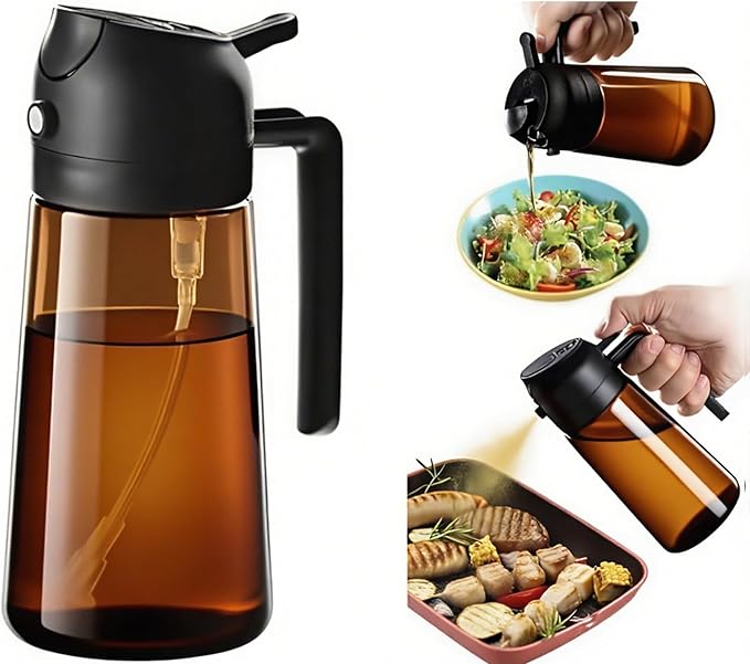Oil Sprayer for Cooking 2 in 1, Olive Oil Dispenser for Kitchen Gadgets, 16oz/470ml Premium Light-Blocking Oil Bottle, Food-Grade Spray Bottle, for Salad, Air Fryer, BBQ (Brown)
