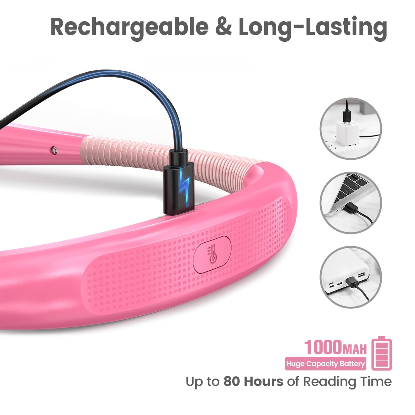 Glocusent Book Light, 3-Color & 6-Brightness, Medium, Pink, Model GLCSNTBL001, Rechargeable, Bendable Neck, Perfect for Reading and Knitting