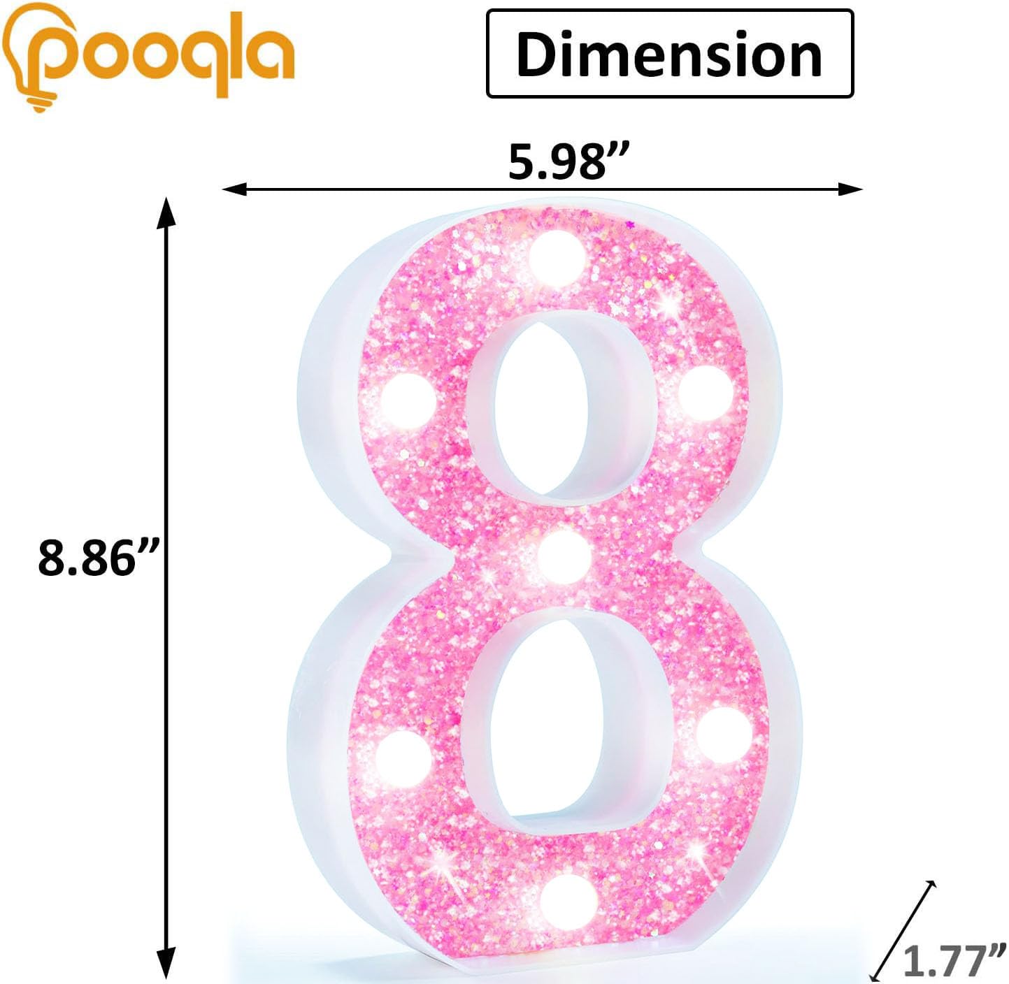 Pooqla Marquee Numbers  Pink Light Up Numbers For Girls 8Th Birthday  Battery Powered Glitter Number Night Light Gift For Christmas Bedroom Dorm Room Party Decoration  Cool White Number 8