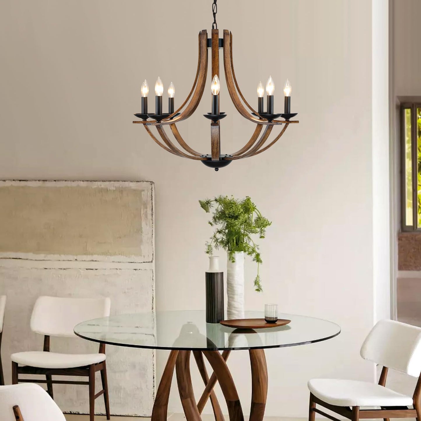 Lampkeduo Rustic 8-Light Chandelier Fixture, 28 Adjustable, Black & Faux Walnut, Model D9901-8 For Dining Room, Kitchen, Foyer