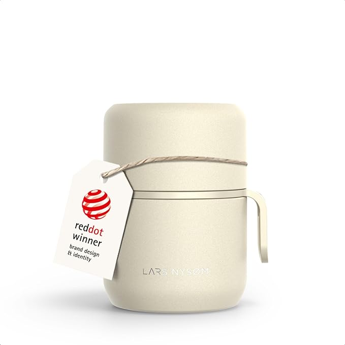 LARS NYSØM Stainless Steel Vacuum Insulated Food Jar - Leakproof Lunch Pot & Lunch Jar for Hot and Cold Food, Wide Mouth, Portable Soup Container for Work & Travel (Almond Beige, 12oz)