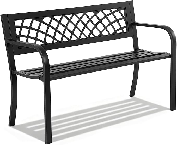 Garden Bench,Outdoor Benches,Iron Steel Frame Patio Bench with Mesh Pattern and Plastic Backrest Armrests for Lawn Yard Po...