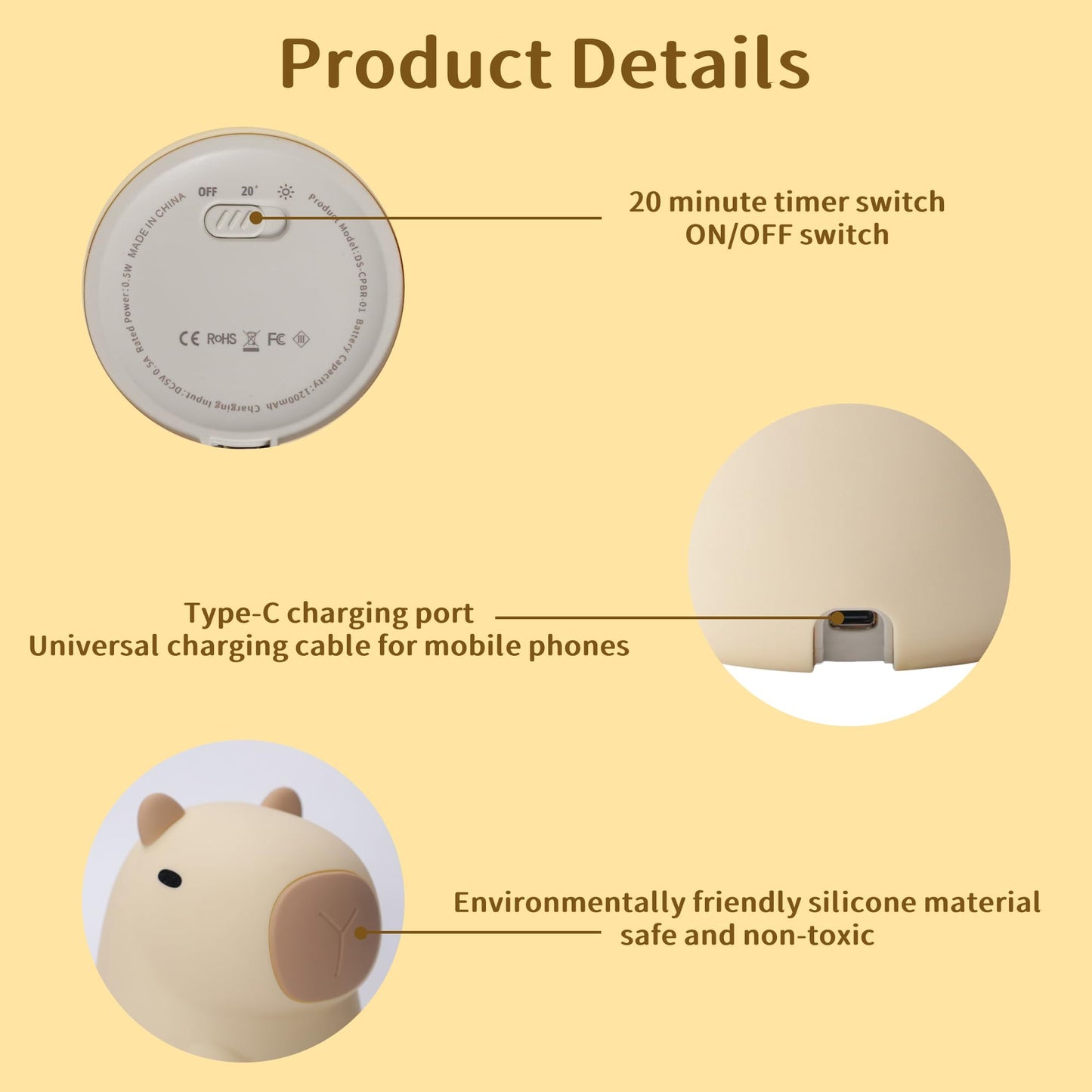 nite Capybara Night Light  Cute Orange Capy Lamp For Kids  Soft Silicone Kids Nursery Nightlight Led Touch Light  Bedroom Decor As Xmas Birthday Gifts